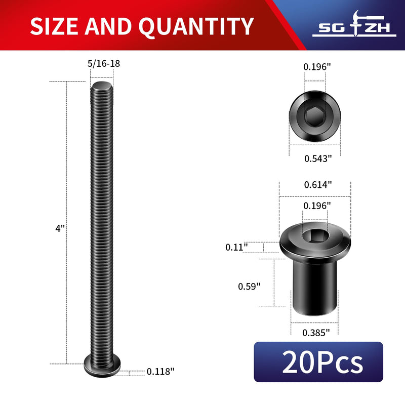 5/16-18 x 4 Inch 20Pcs Flat Head Hex Socket Cap Screws Bolts Barrel Nuts Kit, 304 Stainless Steel 18-8, Full Thread, Black Oxide by SG TZH (with Hex Spanner) 5/16-18 x 4" 20