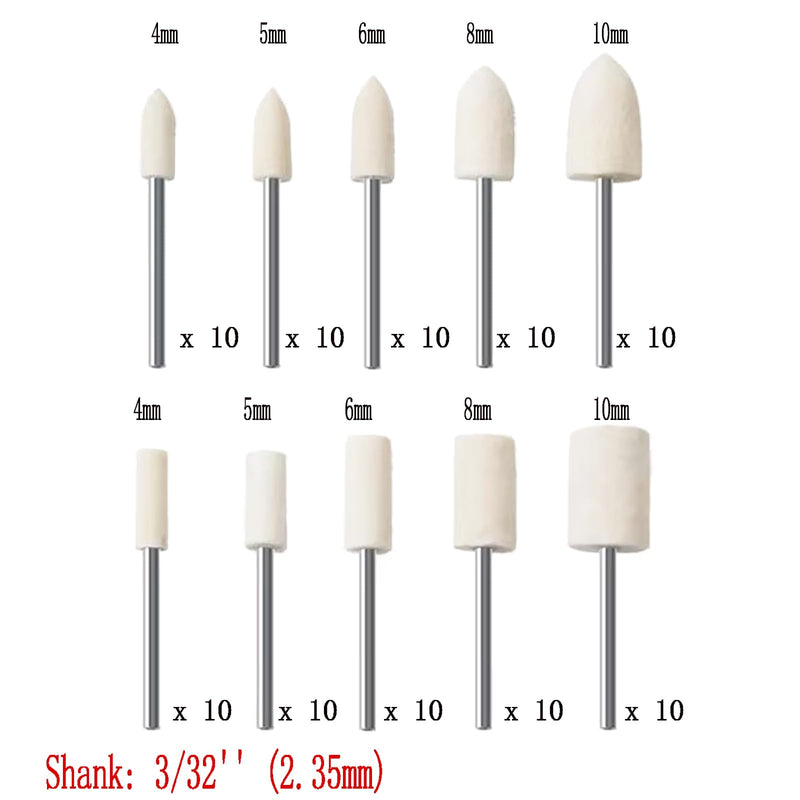 Luo ke 100 Pcs Felt Polishing Bits - 3/32'' Shank Compressed Wool Felt Polishing Kits Buffing Tips for Jewelry, Metal, Aluminum for Rotary Tools