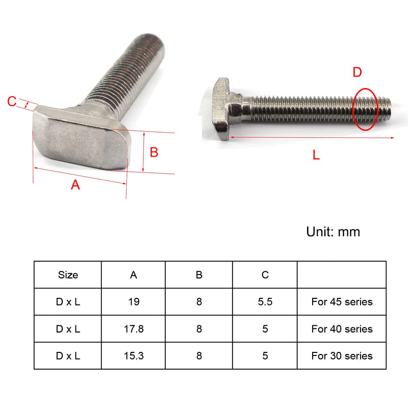 [Australia - AusPower] - 20Pcs M8x20mm 304 Stainless Steel T-Slot Bolt 45 Series Aluminum Profile T-Shaped Screw Bolt Fastener 19mm Head Size M8x20 