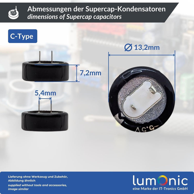 Lumonic 5 x Supercap 0.1F 5.5V C-Type | Direct-to-Use EDLC, High Capacity | 5.5V Monoblock - No Balancing Required | Flicker Protection, Backup, PLC Heating C-type (5x) 0,1F