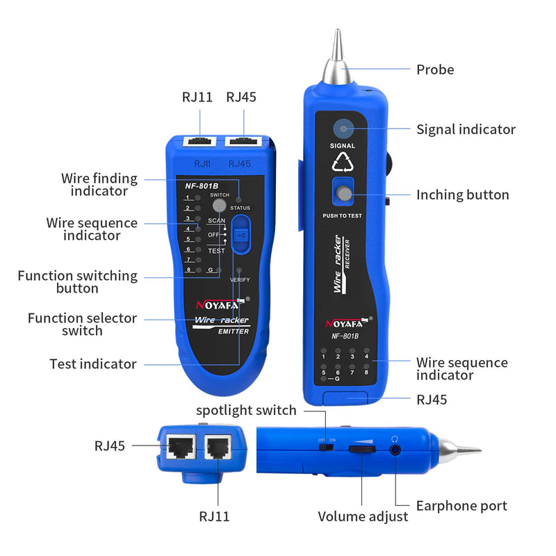 [Australia - AusPower] - NOYAFA Network Cable Tester, RJ11 RJ45 Network Tester for Telephone, Ethernet, Video, Tone Generator, Metal, Ethernet Cable Tester Cable Toner with Earphone Flashlight NF-801B 