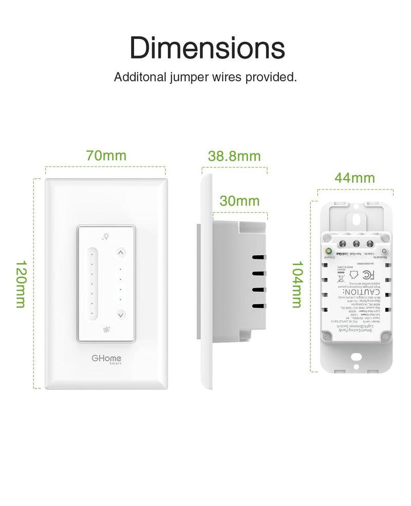 [Australia - AusPower] - GHome Smart Dimmer Switch with 4-Speed Ceiling Fan Control, Ceiling Fan and Light Switch Combo with Dimmer Compatible with Alexa and Google Assistant, 2.4Ghz Only, Single-Pole, UL Certified 1 Pack 