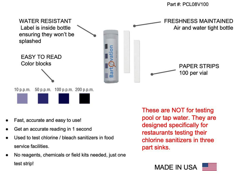 Three Pack Restaurant Sanitizer Chlorine Test Paper, 10-200 ppm [3 Vials of 100 Paper Strips] 300