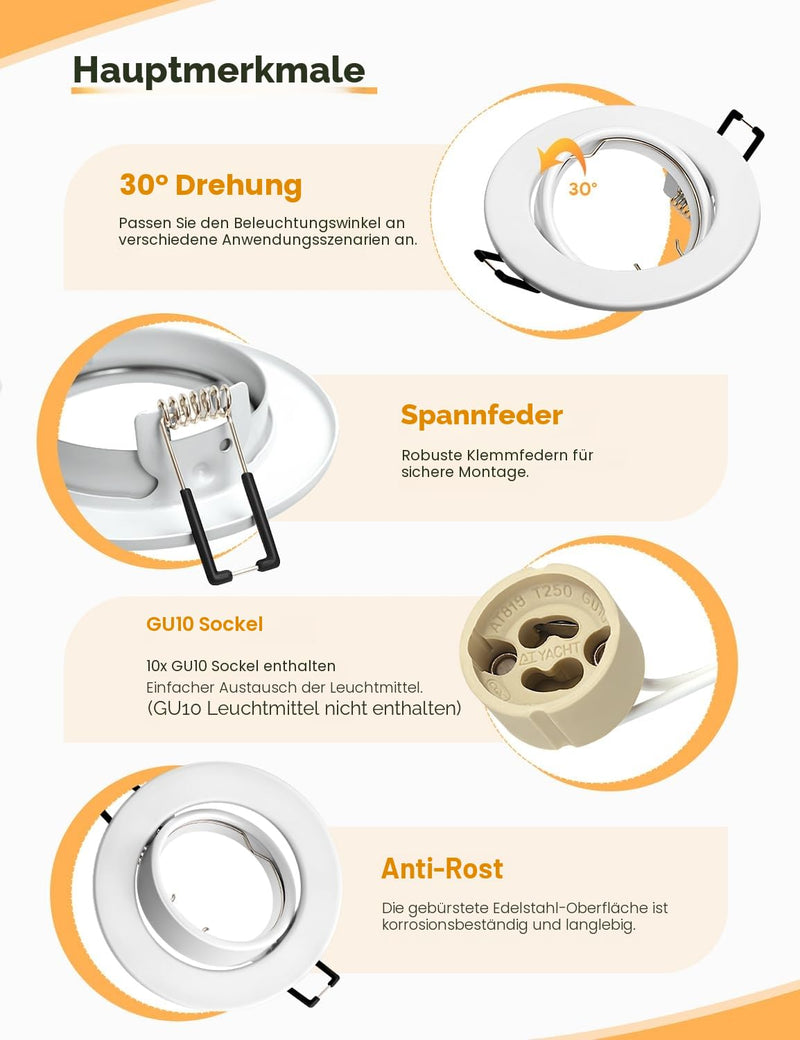 LED Recessed Spotlight GU10 Set (Including GU10 Socket), LED Spotlights 230 V 68 mm | Mounting frame in round, matt white, 30° swivel, metal recessed spotlights, for recessed lighting (pack of 10)
