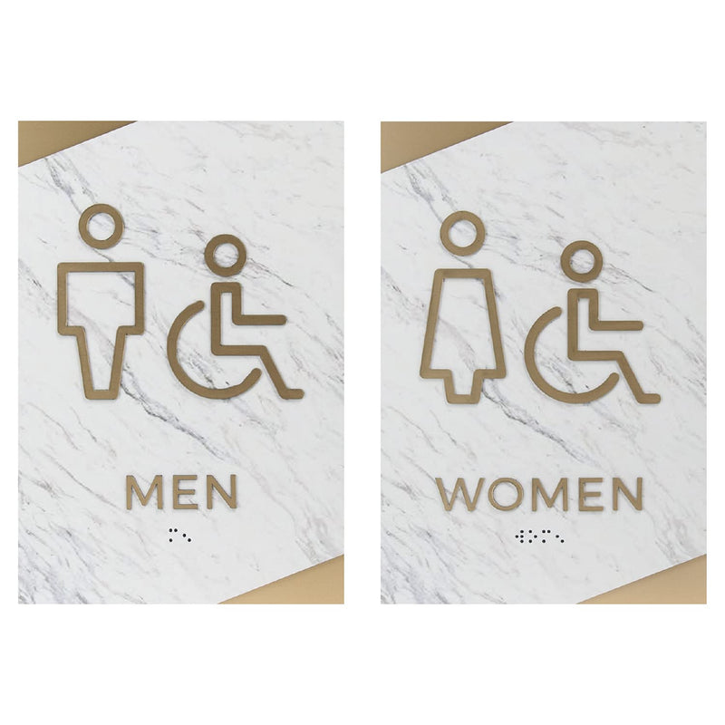Light Marble Men And Women Restroom Sign Set/ADA Wheelchair Accessible With Braille Bathroom Signs / 6" x 9" White Marble Gold Accent Acrylic Signs Light Marble Design Wheelchair Restroom Sign Set