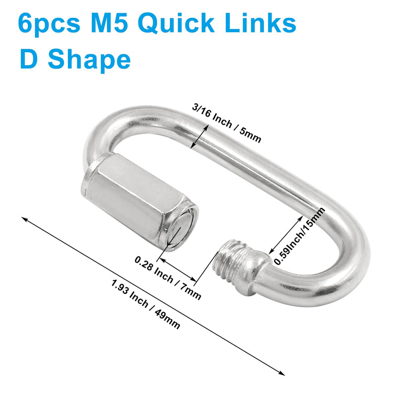 [Australia - AusPower] - 6Pcs Quick Links 3/16 Inch 304 Stainless Steel D Shape Locking Quick Connector, M5 Quick Link Chain Heavy Duty Durable Chain Connector - 648lbs Capacity M5, 6Pcs 