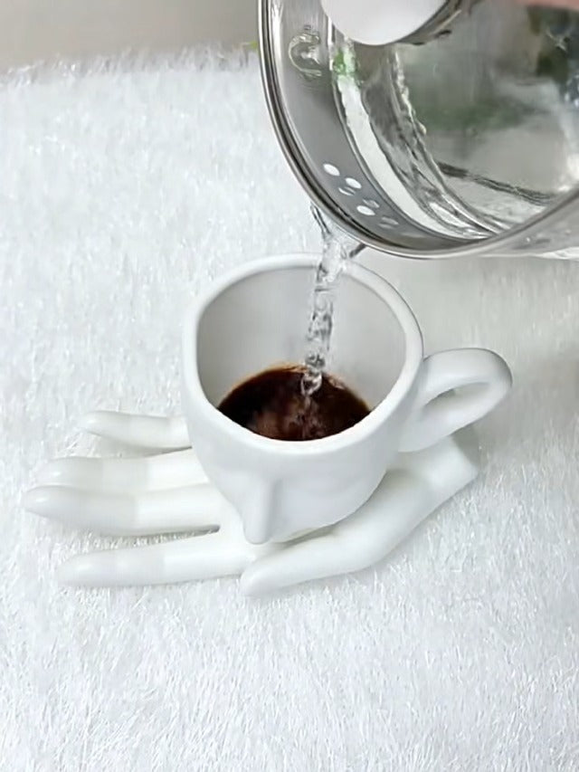 Sculpture Coffee Mug with Saucer Unique Artistic Ceramic Cup Set for Coffee Tea Lovers Gift 8.8oz White Black Silver (white)