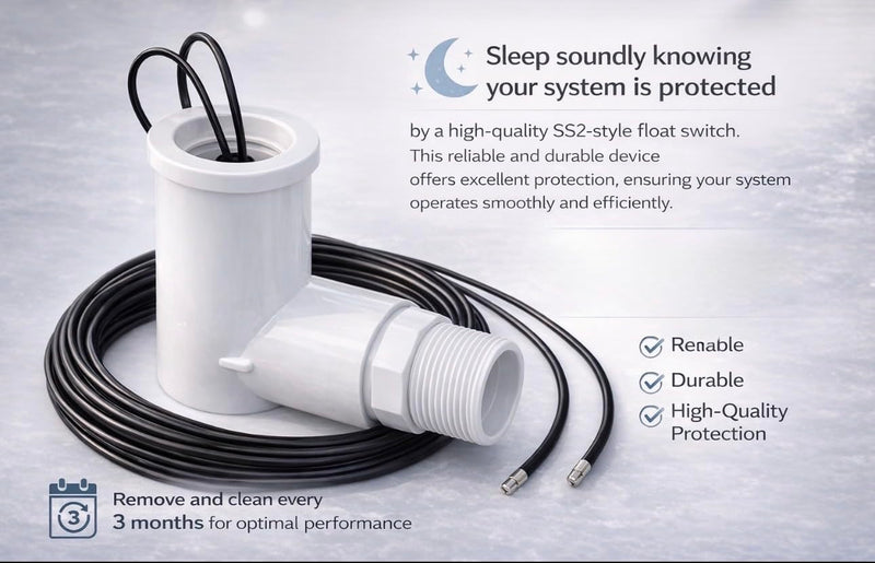 SS2 AC Float Switch AC Float Safety Switch HVAC 3/4 Inch Condensate Shut Off Sensor Can Prevent Overflow in Drain Pan or Gravity Drain Used in Various Applications. ECWB 1