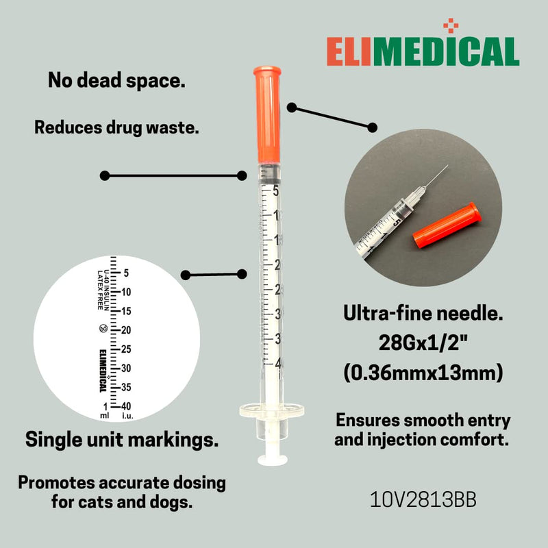 [Australia - AusPower] - Veterinary Insulin Syringe 40IU (U-40), 1cc (1ml), 28G x 1/2 inch (12.7 mm), Individually Packed, for Pet Cat or Dog, 100 per box, 10V2813BB 