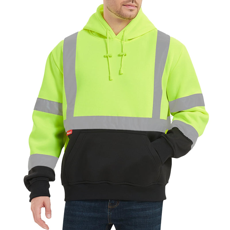 ProtectX Hi Vis Hoodie for Men Women High Visibility Safety Sweatshirt Reflective with Pockets for Construction Work Class 3 Large Neon Green - Pullover
