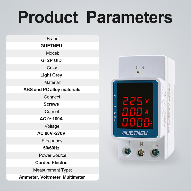 [Australia - AusPower] - Digital Display Energy Meter Energy Tester Electricity Usage Monitor AC Rail-Mounted Meter GT2P-UID, AC 80~270V, 0~100A, 50/60Hz. Used to Measure AC Voltage, Current and Energy Consumption 3 Functions Digital Display 