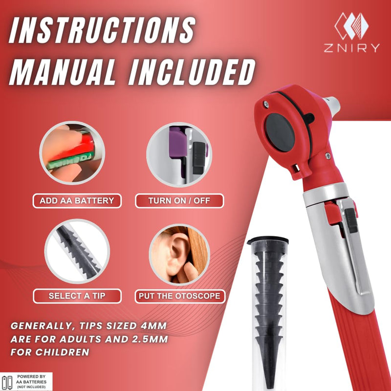[Australia - AusPower] - Fiber Optic Mini Otoscope - Ear Scope with Light for Infection Detection, Wax Removal, and at-Home ENT Exams (Red Color) 