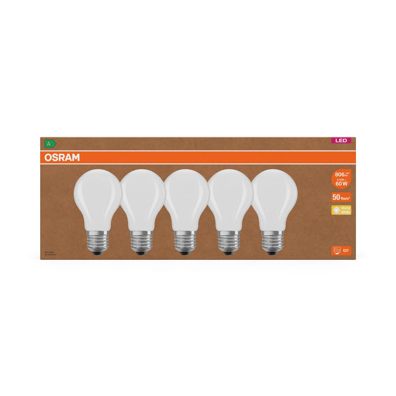 Osram Highly Efficient LED Bulbs with Energy Efficiency Class A, Value Pack of 5 Bulbs, Replaces Conventional 60 W Bulbs, Warm White (2700 K), E27, Matte Glass Matt 5-Pack 60W Replacement Bulb