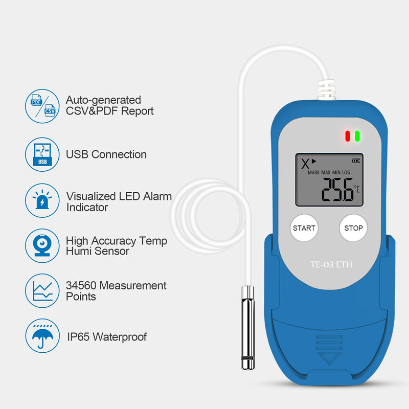 [Australia - AusPower] - ThermElc TE-03 ETH Temperature Data Logger High Precision Digital Probe, Temperature Humidity Data Logger Accuracy up to ±0.3°C, Automatic PDF CSV Report, LED Warning Light TE-03 ETH 1PCS 
