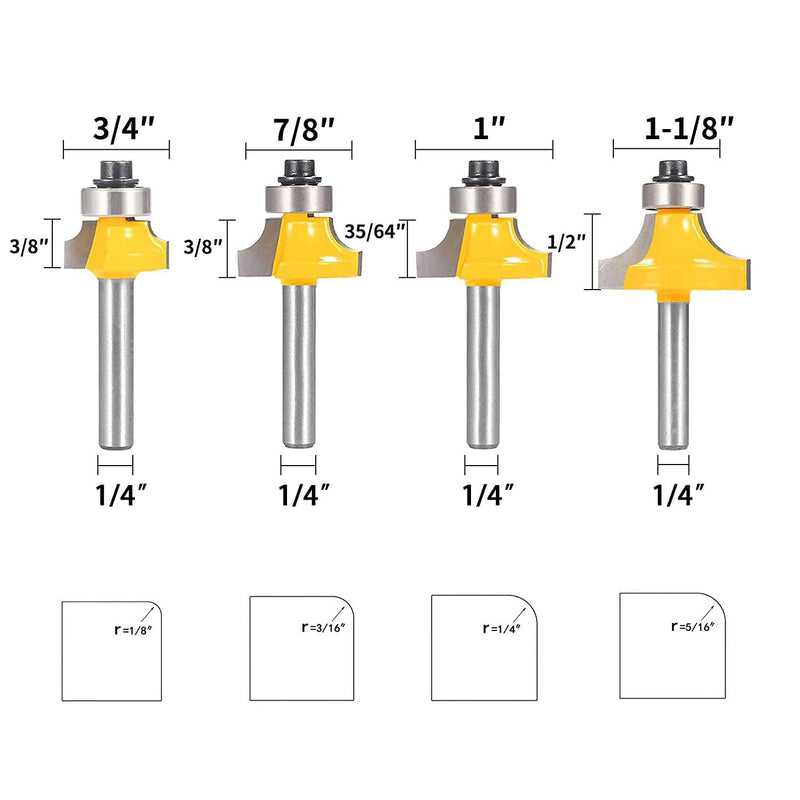 [Australia - AusPower] - Roundover Router Bit Set?4pcs Router bit Set?1/4 inch Shank?Radius in 1/8", 1/4", 3/16", 5/16"?Bearing Guide for Rounding Edge bit 