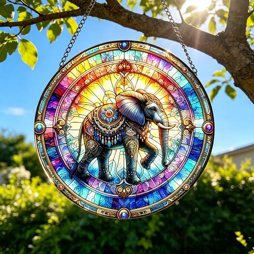 Stained Glass Indian Elephant Suncatcher Window Hanging, 7.87 in 7.8x7.8 IN