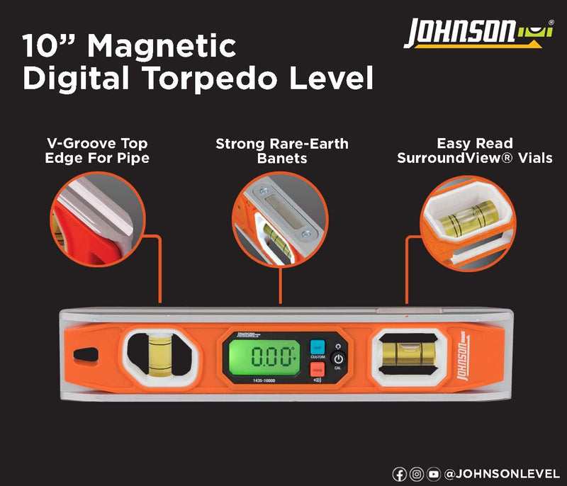 [Australia - AusPower] - Johnson Level & Tool 1435-1000D Magnetic Programmable Digital Torpedo Level, 10", Orange, 1 Level 
