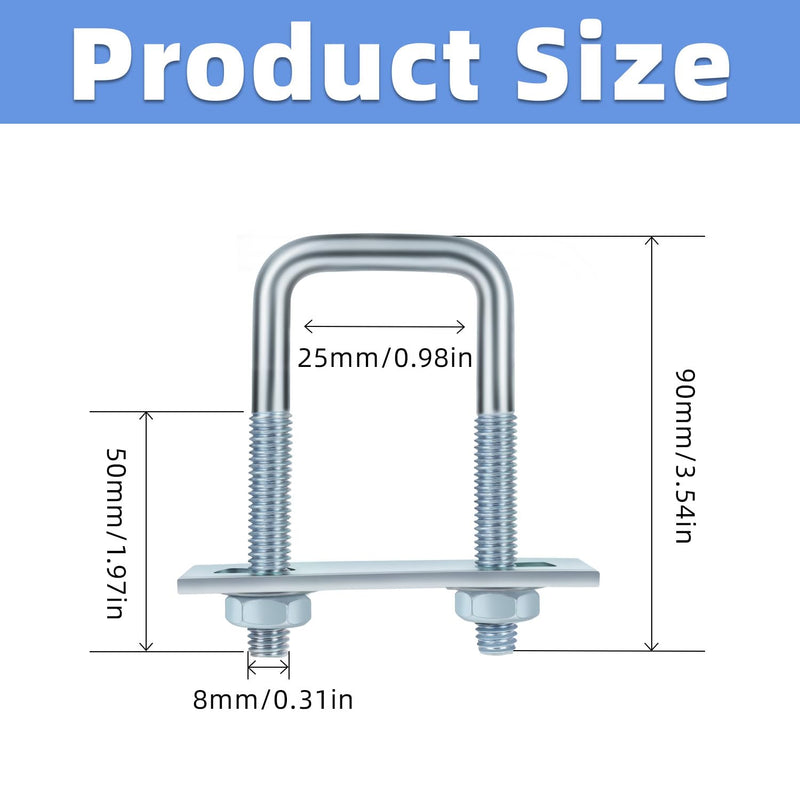 [Australia - AusPower] - 4 Sets M8 Square U Bolts, U Bolts 25mm (1") Width 90mm (3.54") Length, Zinc Plated Carbon Steel U Bolt with Nuts, Plate and Washers (25 x 90mm) M8 x 25 x 90mm 