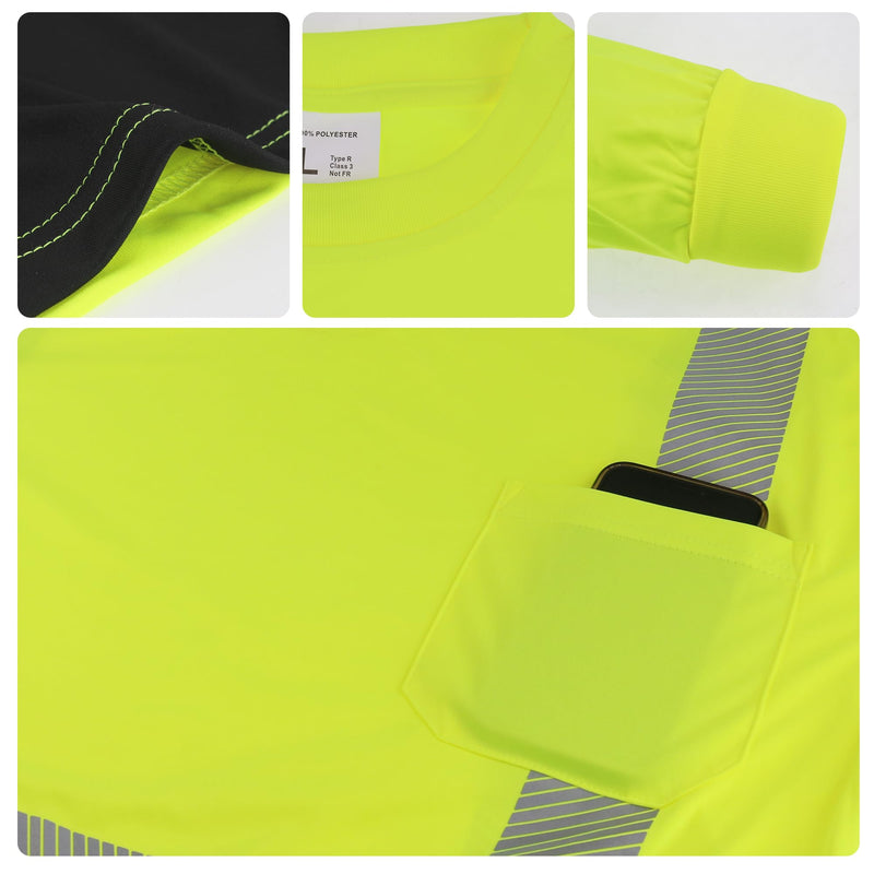 W&H Men's Class 3 High Visibility Long Sleeve Safety Shirt, UPF 40+ Sun Protection Quick-Dry Reflective Work Tee with Pocket Yellow 4X-Large