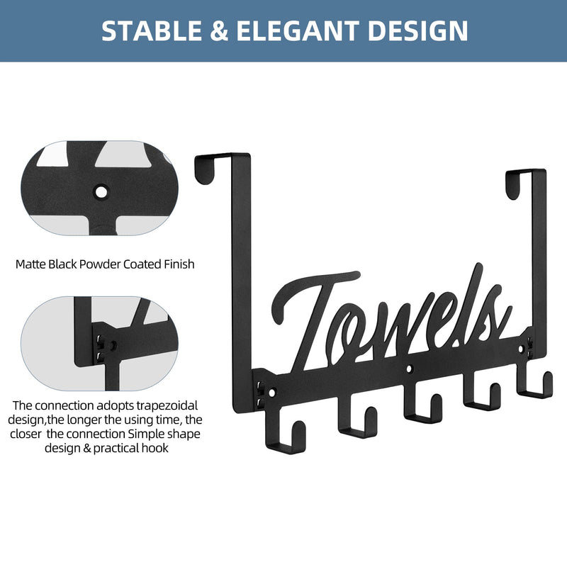 [Australia - AusPower] - Over The Door Hooks, Towel Rack Towel Hooks for Bathroom Towel Holder for Hanging Heavy Duty, Wall Mount Towel Hanger Door Hanger with 5 Hooks for Bedroom Bathroom Kitchen Black 