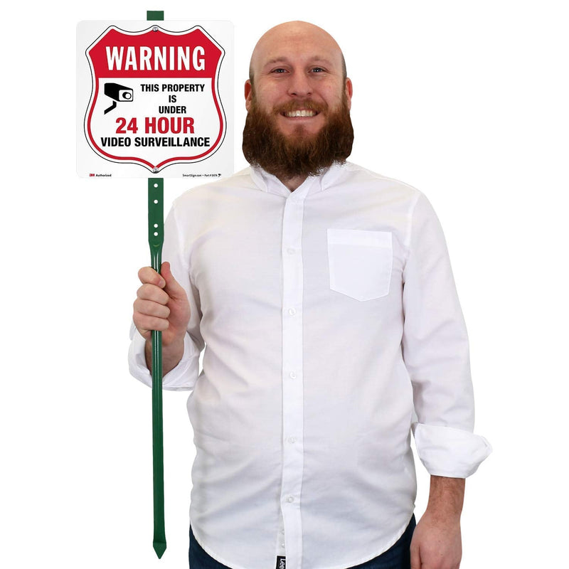 SmartSign 10" x 10" 'Warning - This Property Is Under 24 Hour Video Surveillance' Yard Sign with 3 ft Stake, 40 mil Aluminum 3M Laminated Engineer Grade Reflective, Red/Black/White 10" x 10" Reflective Aluminum Sign with 3' Stake