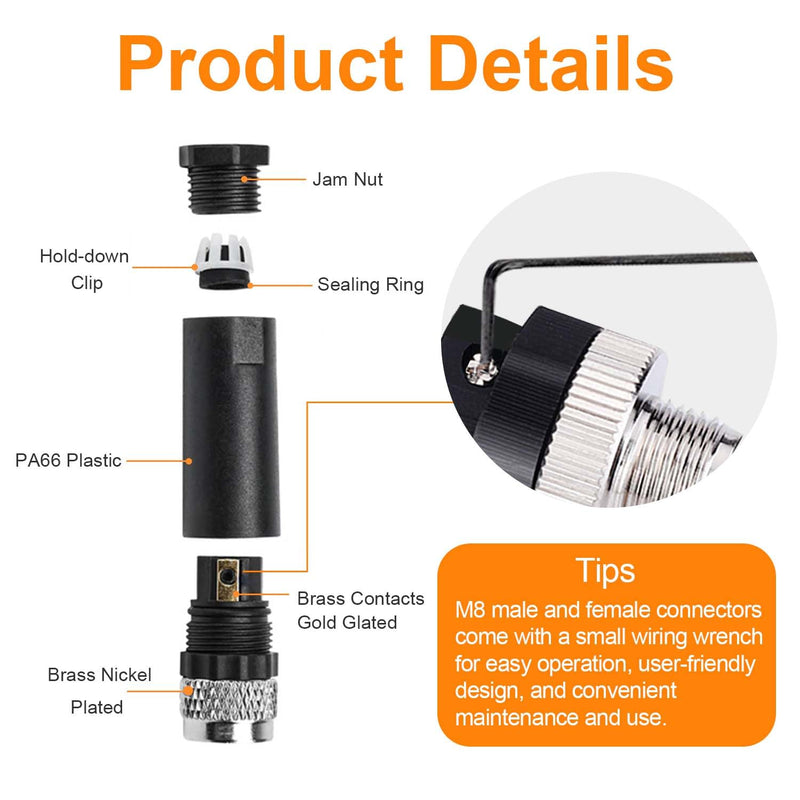 [Australia - AusPower] - 10 Pcs M8 3-Pin Aviation Connector Female, Industrial A Coding Field Assembly Plug 8mm IP67 Waterproof for Circular Socket Panel Sensor 3 Pins M8 Straight Female 