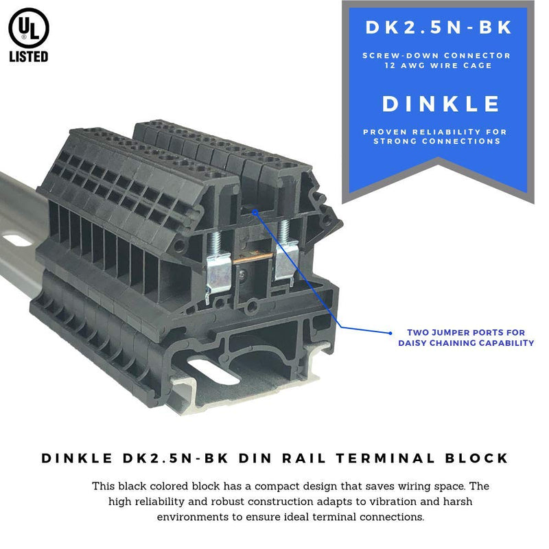 [Australia - AusPower] - Dinkle Black DK2.5N-BK DIN Rail Terminal Block Screw Type UL 600V 20A 12-22AWG, Pack of 100 