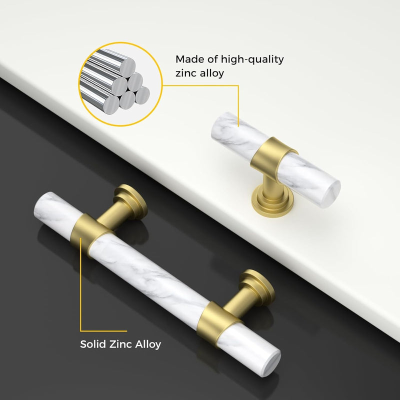 Haliwu 15 Pack Singel Hole Center Black Cabinet Pulls Black&Gold Cabinet Handles, Barrel Gold Dresser Drawer Pulls for Kitchen Hardware T-Bar Knob White Marble & Matte Gold