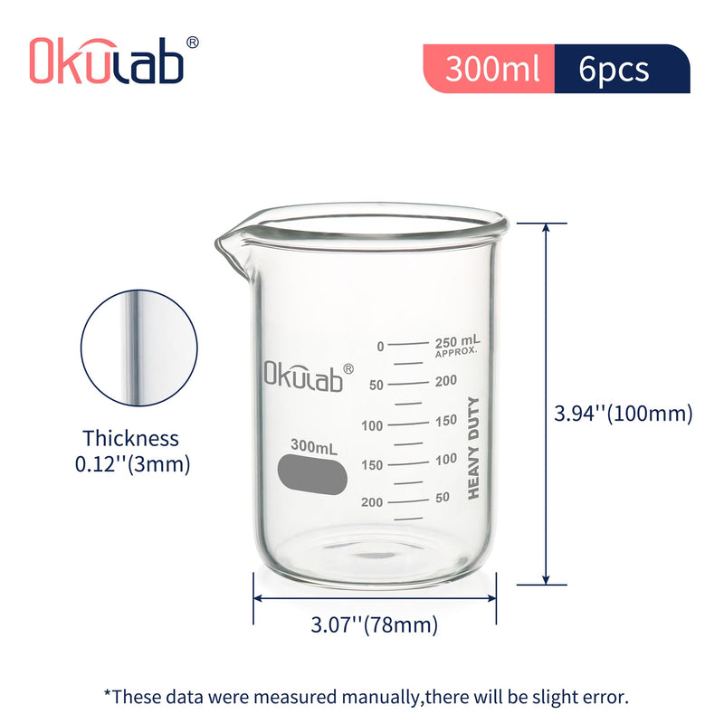 6 Pcs 300mL Glass Beaker Set, Low Form Beakers, Graduated Glass Beakers for Lab, Classroom, Craft, Kitchen,BKLG300A6-X 6 Pcs of 300ml