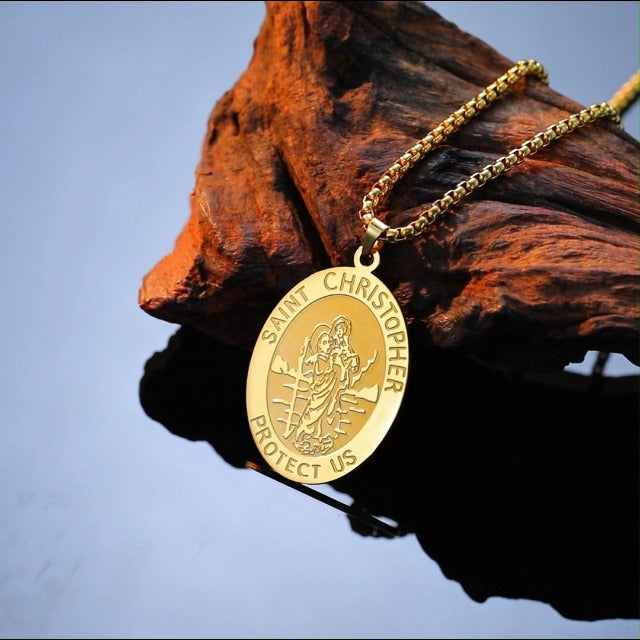 Amaxer Saint Christopher Necklace Saints Medal Religious Protection Amulet Stainless Steel Jewellery Pendant Box Chanin Necklace for Women Men (Silver)