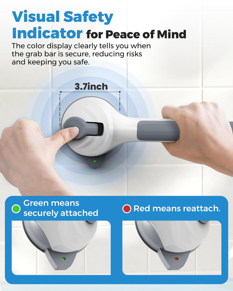 2 Pack 16.5" Suction Grab Bars for Showers with Safety Indicator, No-Drill 4mm Thickened Handicap Shower Handle for Seniors, Non-Slip Bathroom Balance Rail for Smooth Tiles & Tubs Gray White