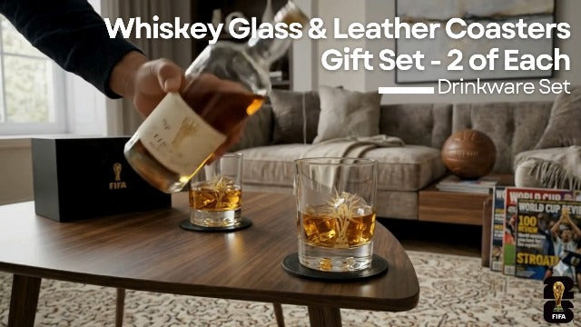 Official FIFA World Cup 2026 Edition - 8oz Whiskey Glass & Leather Coasters Gift Set - 2 of Each - Perfect for Parties, Bars, Tailgates, Mancaves & Gamedays - Once in a Lifetime Drinkware Set