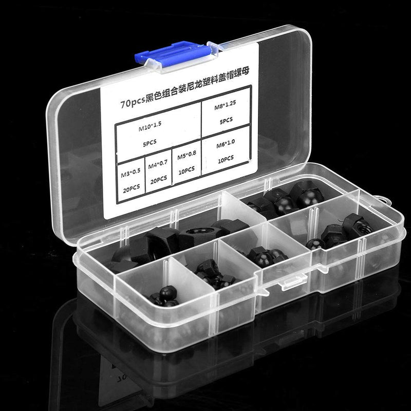 [Australia - AusPower] - 70Pcs M3/M4/M5/M6/M8/M10, Black Acorn Nuts Standard 8-32 Hardware Nuts Nylon Acorn Nut Kit Dome Head Cap Hex Nuts (Black) 