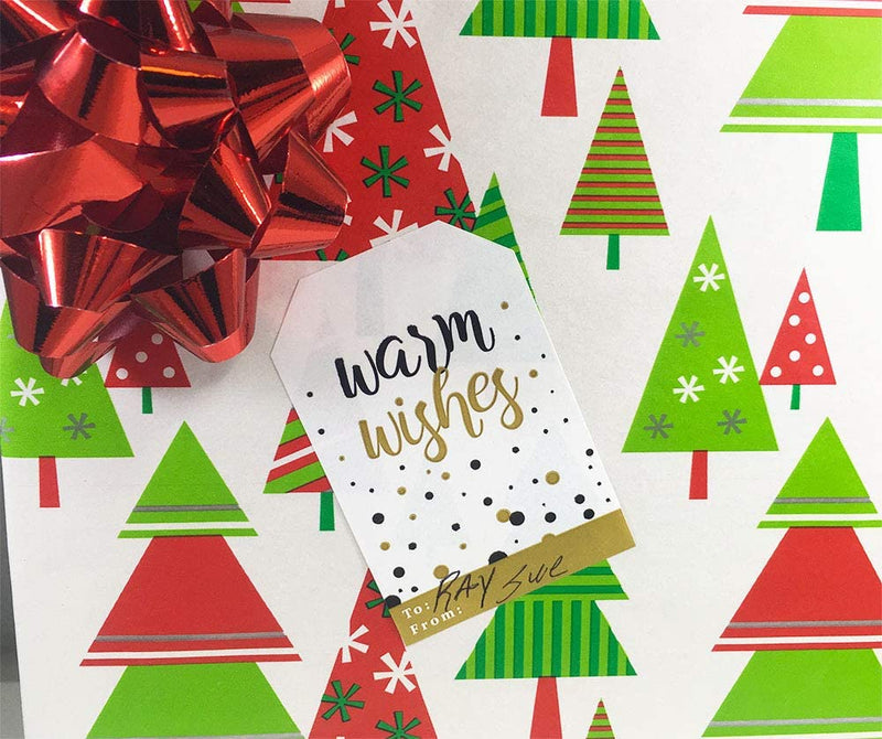 Holly Jolly and Warm Wishes Gold Gift Tag Stickers – 2 x 3 Inch Holiday Labels, Roll of 100 with 4 Festive Designs – Elegant Christmas Tags, Made in The USA
