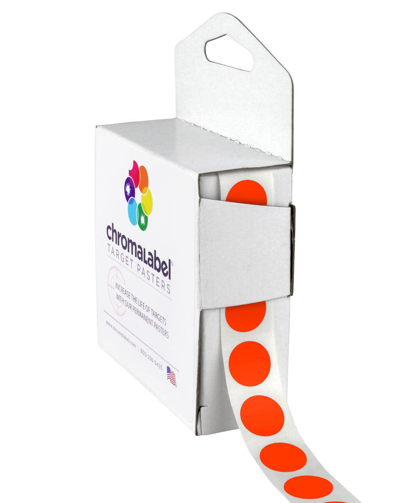 ChromaLabel Permanent Round Target Pasters for Shooting and Marksmanship 1000 Labels per Dispenser Box 1/2" Diameter Fluorescent Red