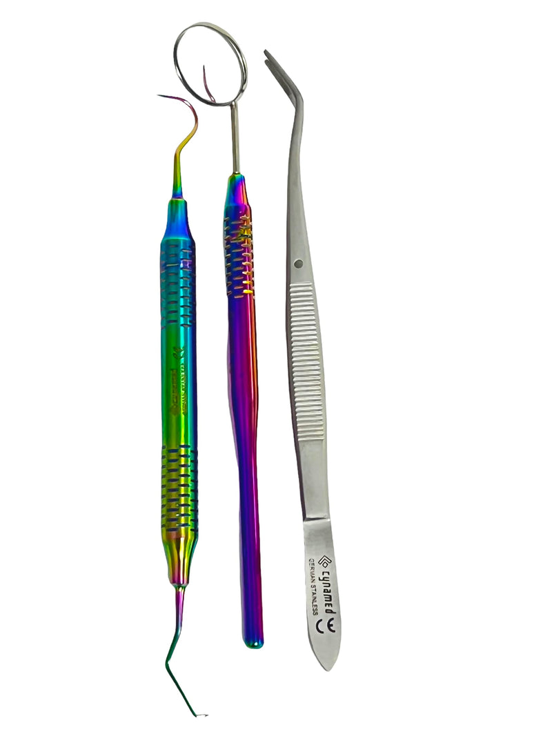 [Australia - AusPower] - ArTLaB-Premium German 3 Instruments Basic Dental Set- Mirror Explorer College Cotton Plier Hollow Handle -Dental Instruments set of 3 (Rainbow Titanium Set of 3) Rainbow Titanium Set of 3 