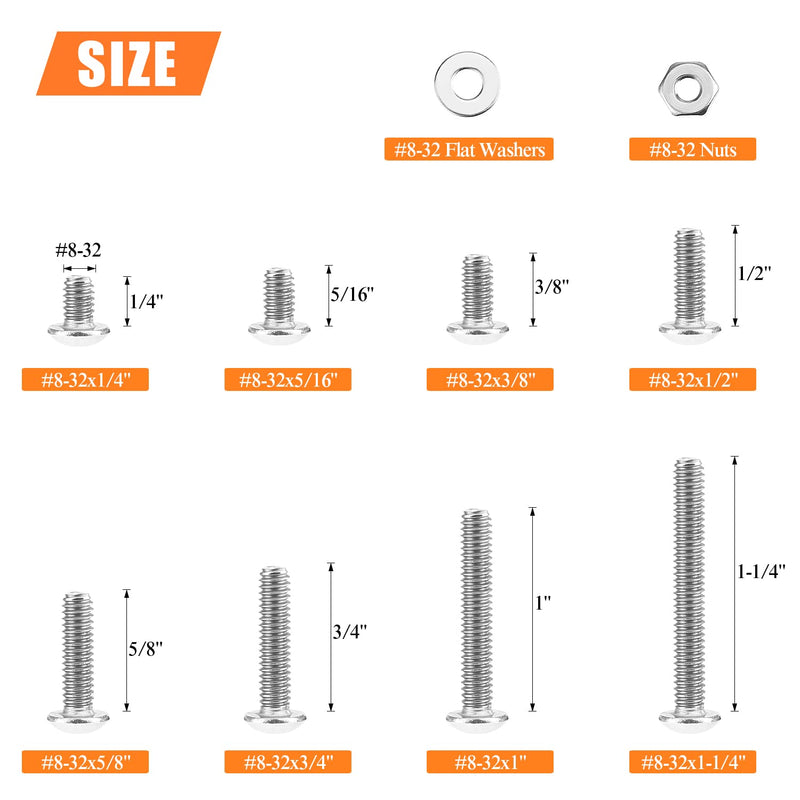 [Australia - AusPower] - 210 Pieces #8-32 x 1/4" 5/16" 3/8" 1/2" 5/8" 3/4" 1" 1-1/4", Button Head Socket Cap Screws Bolts Washers Nuts Kit, Coarse Thread, Fully Machine Threaded, 304 Stainless Steel 