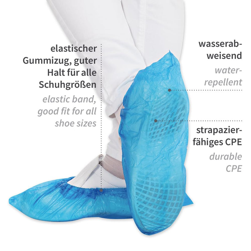 Franz Mensch Universal Blue Waterproof Shoe Covers Pack of 200 | CPE, disposable, overshoes, overshoes, heel protection, tear-resistant, elastic, shoe covers, hygiene, cleaning, laboratory