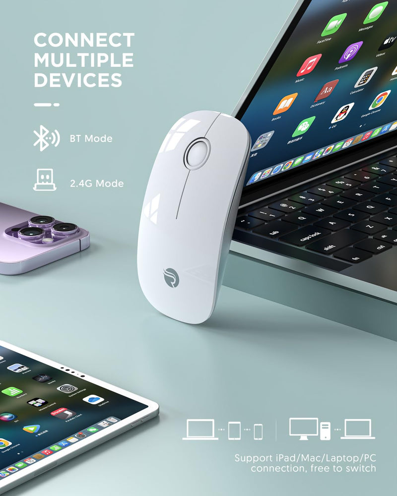 [Australia - AusPower] - Bluetooth Wireless Mouse - (BT5.1+USB) Slim Dual Mode Computer Mice with Quiet Click, Low Power, and 1600 DPI, Portable Cordless for MacBook, Laptop, iPad Pro/Air, Chromebook (White) White 