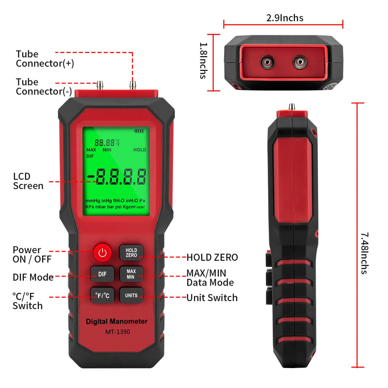 [Australia - AusPower] - Digital Manometer Air Pressure Meter, YZT Meter Differential Pressure Gauge, HVAC Gas Pressure Meter Dual-Port Manometer Gas Pressure Tester (9v Battery Included)… 