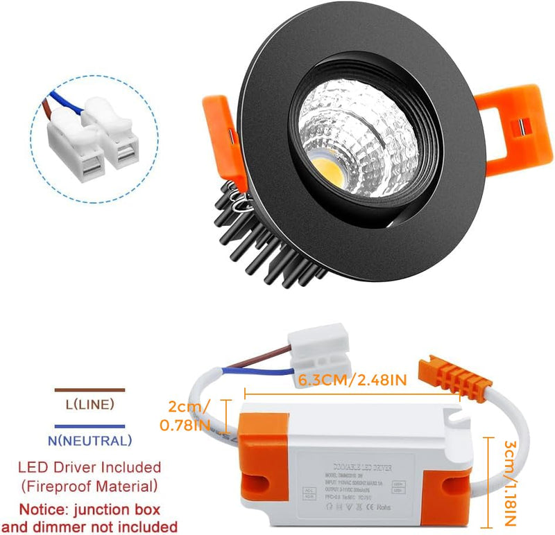 2Inch LED Recessed Ceiling Light, 3W Dimmable LED Downlight, Warm White 3000K, 60 Beam Angle Directional COB Recessed Lights with Driver, 25W Halogen Bulbs Equivalent for Ceiling Lighting, 6Pack 3000k (Warm White) 6P Black (COB)