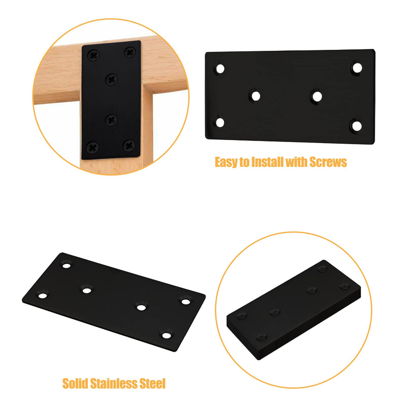 [Australia - AusPower] - 4pcs Metal Flat Straight Brace Bracket, 4'' x 2'' (L x W) Stainless Steel Mending Plate, Joining Bracket Wood Connectors for Furniture Corner Braces with Screws (Black) Black-4pcs 4'' x 2''/ 100mm x 50mm 