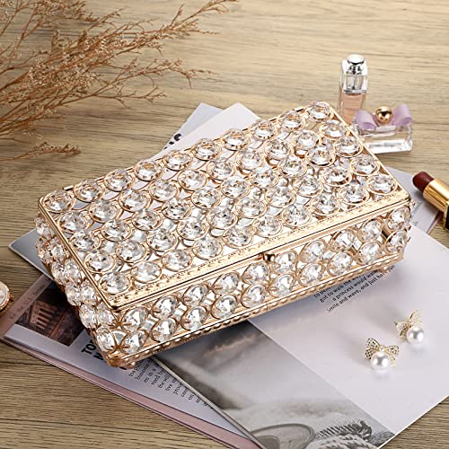 ELLDOO Crystal Jewelry Box Rectangle Trinket Organizer Earrings Rings Box Treasure Box Storage Home Decor Accent Decorative Box with Lid for Valentine Wedding Christmas Birthday Gift, Gold