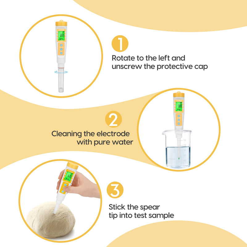 YINMIK Digital pH Meter for Food, pH Probe for Sourdough and Bread Dough, Checking The pH of Fermenting Sausages and Salami, Waterproof pH Tester for Solid and Liquid Soft Soil Sample… Yellow Food pH Meter
