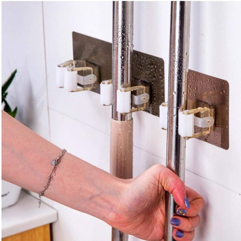 Broom Holder Wall, Pack of 4 Wall Mount Broom No Drilling Broom Holder Self-Adhesive Wall Device Holder Broom Mop Holder Broom Mop Holder for Home Kitchen Bathroom Garden Garage