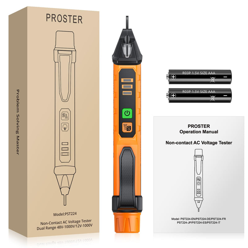 [Australia - AusPower] - Proster Non Contact Voltage Tester 12-1000V/48V-1000 Adjustable Sensitivity AC Voltage Detector Tester Pen & LED Flashlight 