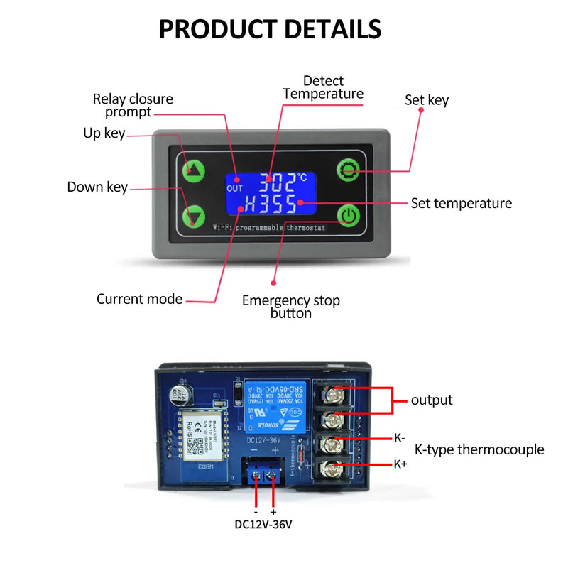 [Australia - AusPower] - ZFX-WT01 WiFi Remote High Temperature Digital Thermostat K-type Thermocouple High Temperature Controller -99~999℃ 