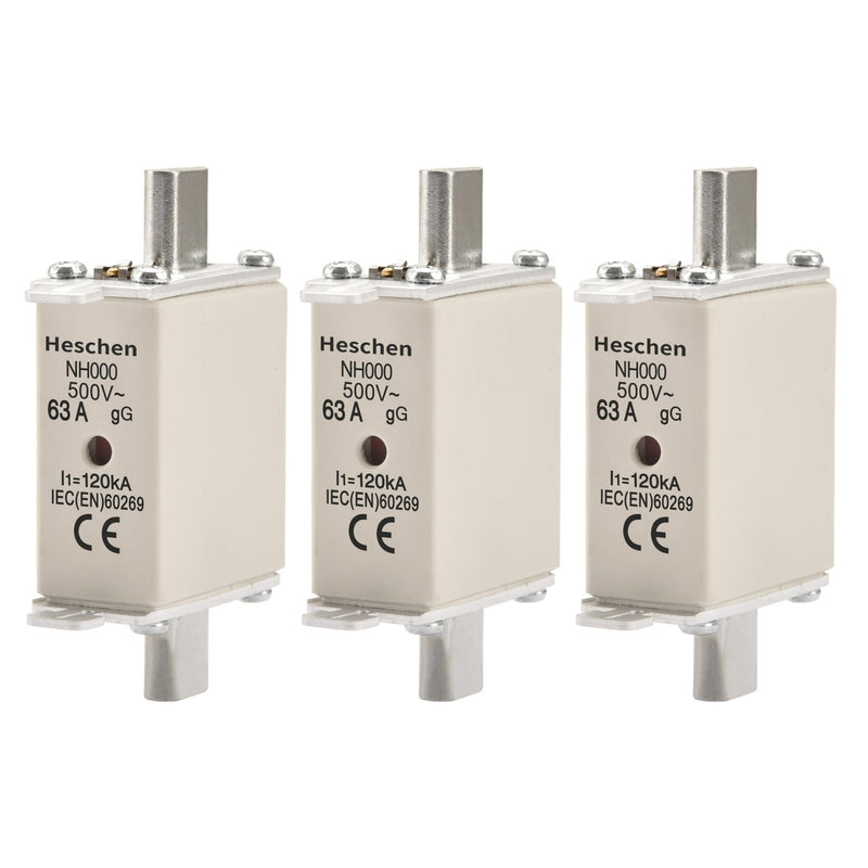Heschen NH Fuse Insert 63A Ceramic Fuses NH000 gG Type Blade Contact Front Indicator Combination Detector Pack of 3