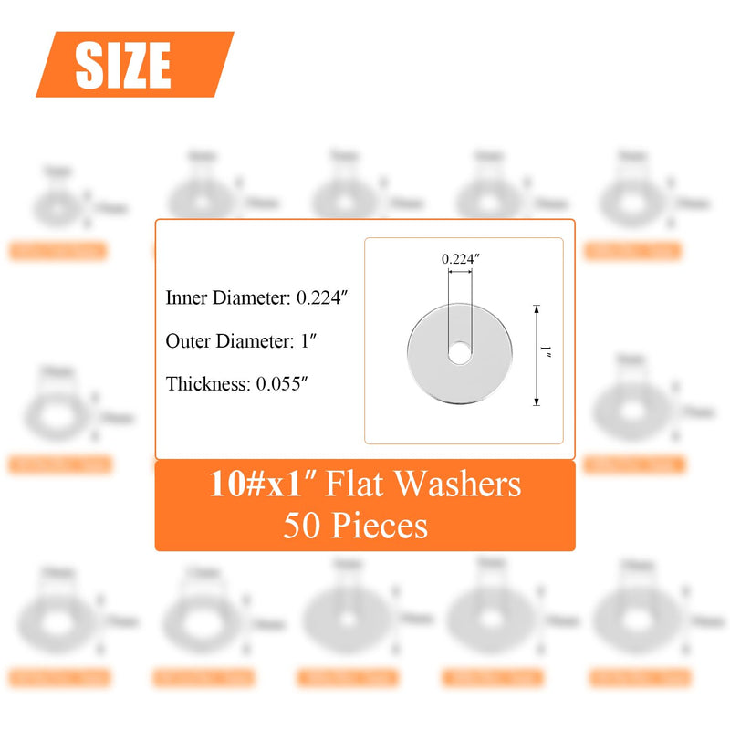 [Australia - AusPower] - 50 Pieces #10 Stainless Flat Washers, 1" Outside Diameter, 0.055" Thickness, 18-8 (304) Stainless Steel Washers, Metal Washers, Flat Washers for Bolts Screws #10 x 1" ?50 PCS? 