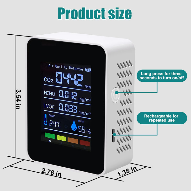 [Australia - AusPower] - 5-in-1 Multifunctional Air Quality Monitor Indoor, Home Air Quality Test for CO2, Formaldehyde, TVOC, Temperature and Humidity 